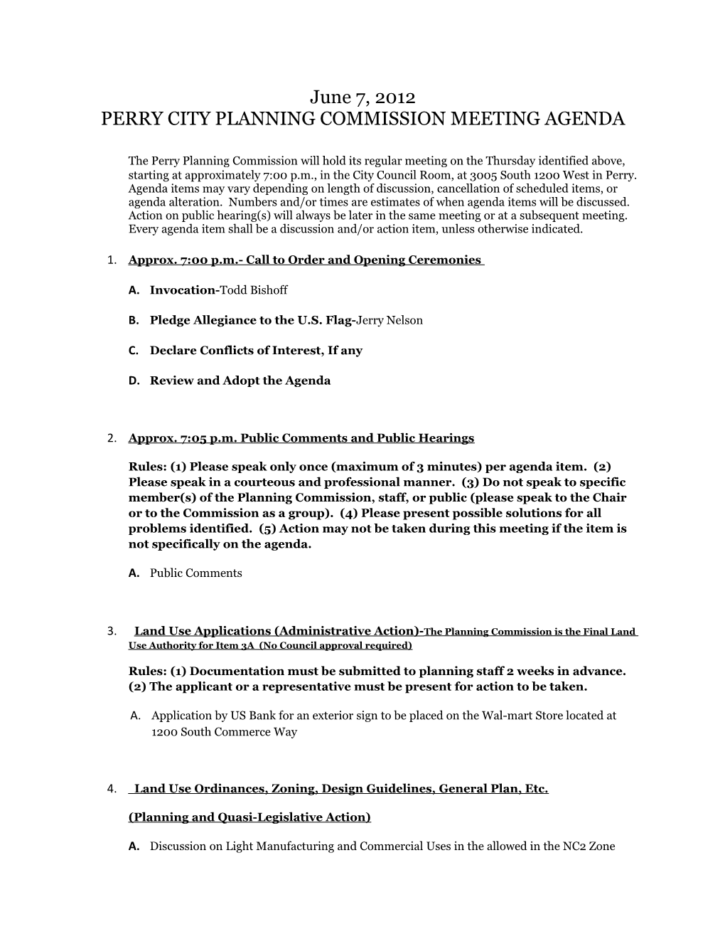 Perry City Planning Commission Meeting Agenda