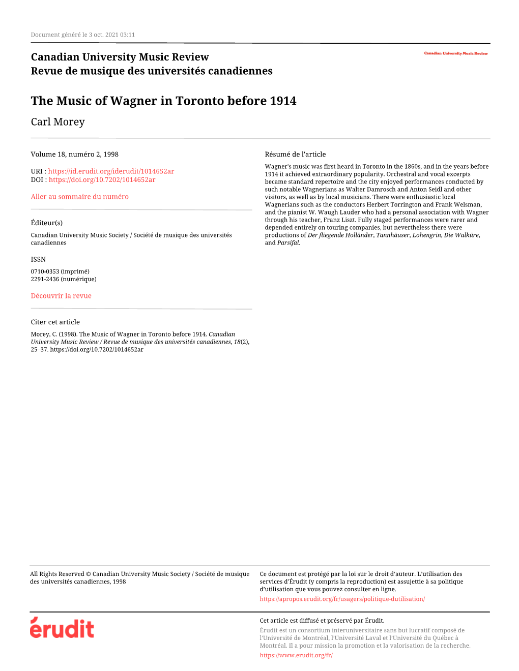 The Music of Wagner in Toronto Before 1914 Carl Morey