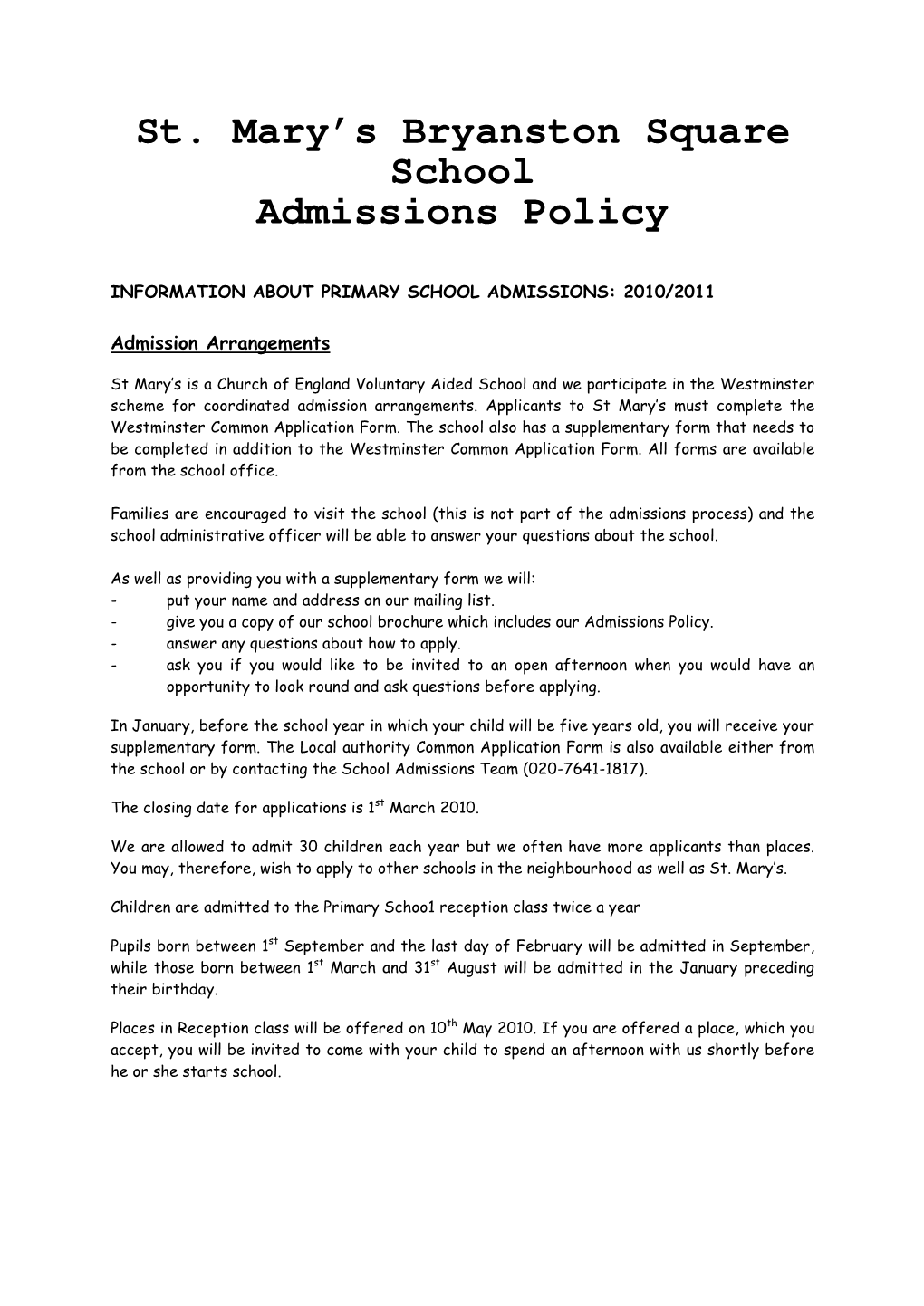 St. Mary's Bryanston Square School Admissions Policy