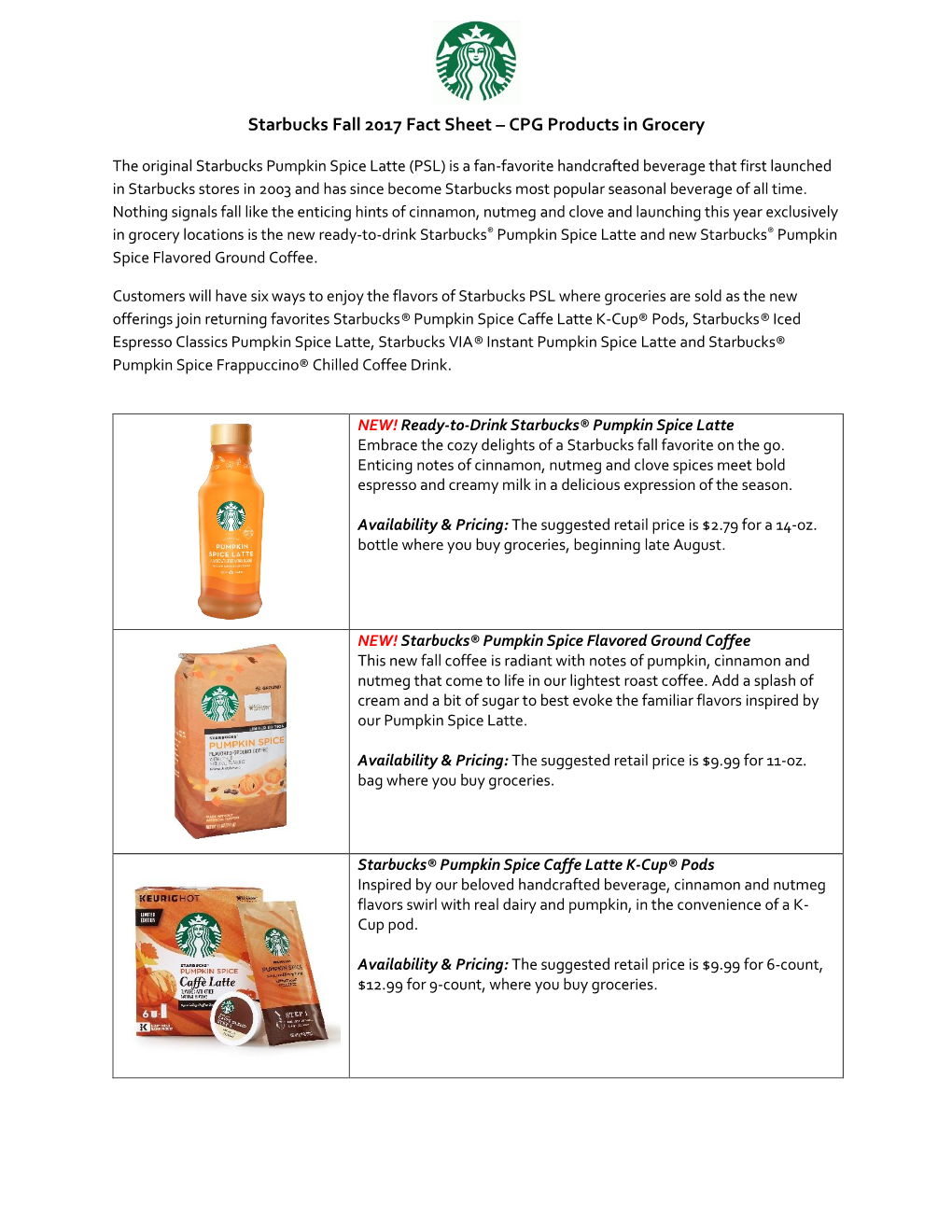 Starbucks Fall 2017 Fact Sheet – CPG Products in Grocery