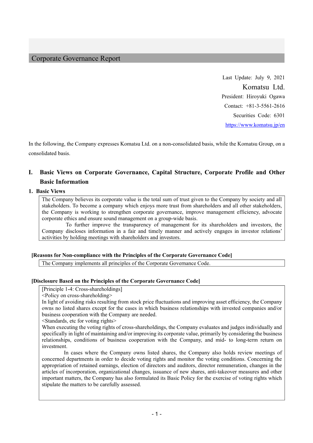 Corporate Governance Report Komatsu Ltd