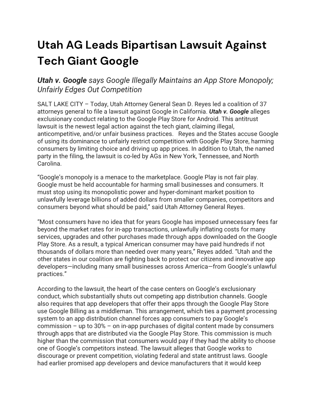 Utah AG Leads Bipartisan Lawsuit Against Tech Giant Google
