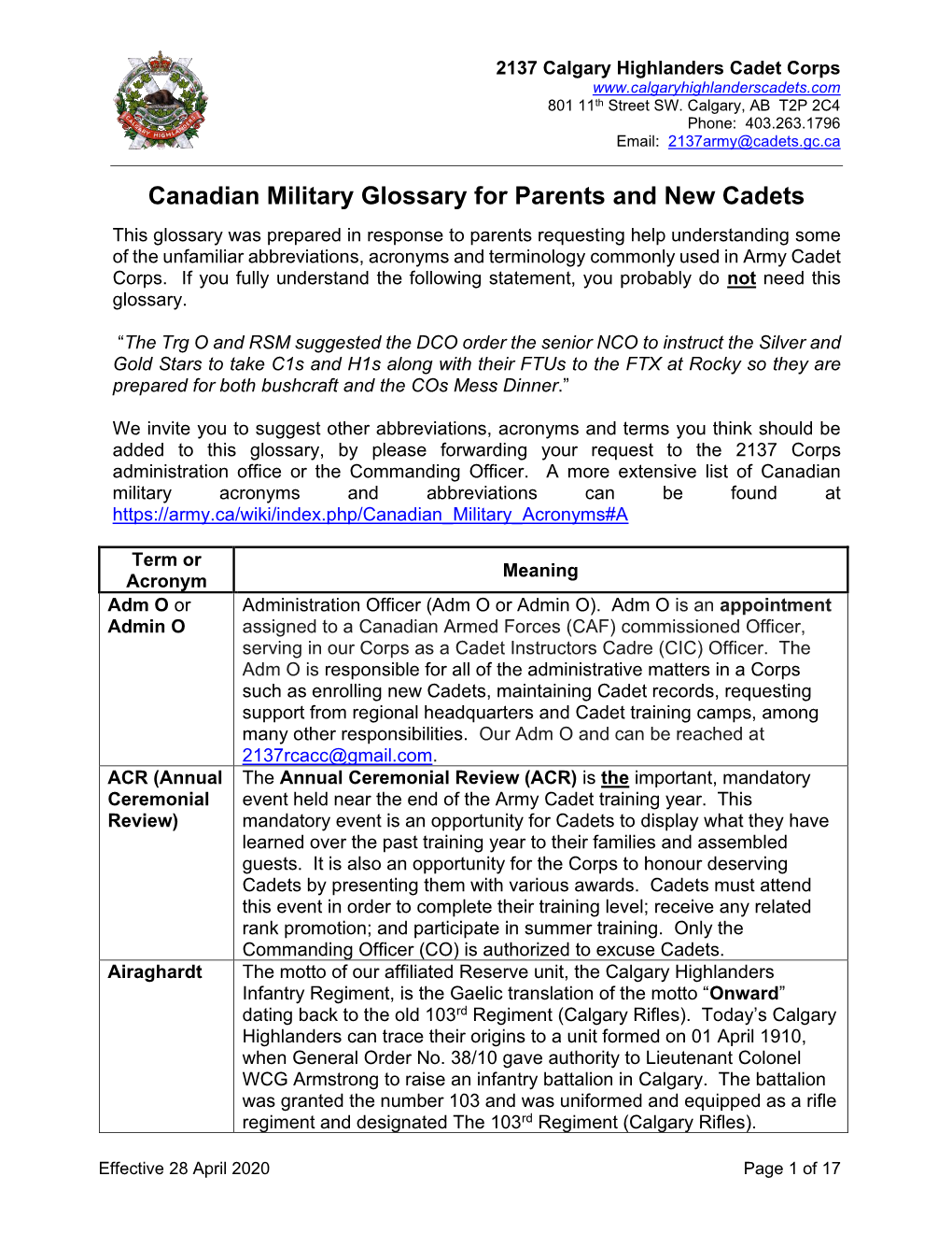 Canadian Military Glossary for Parents and New Cadets