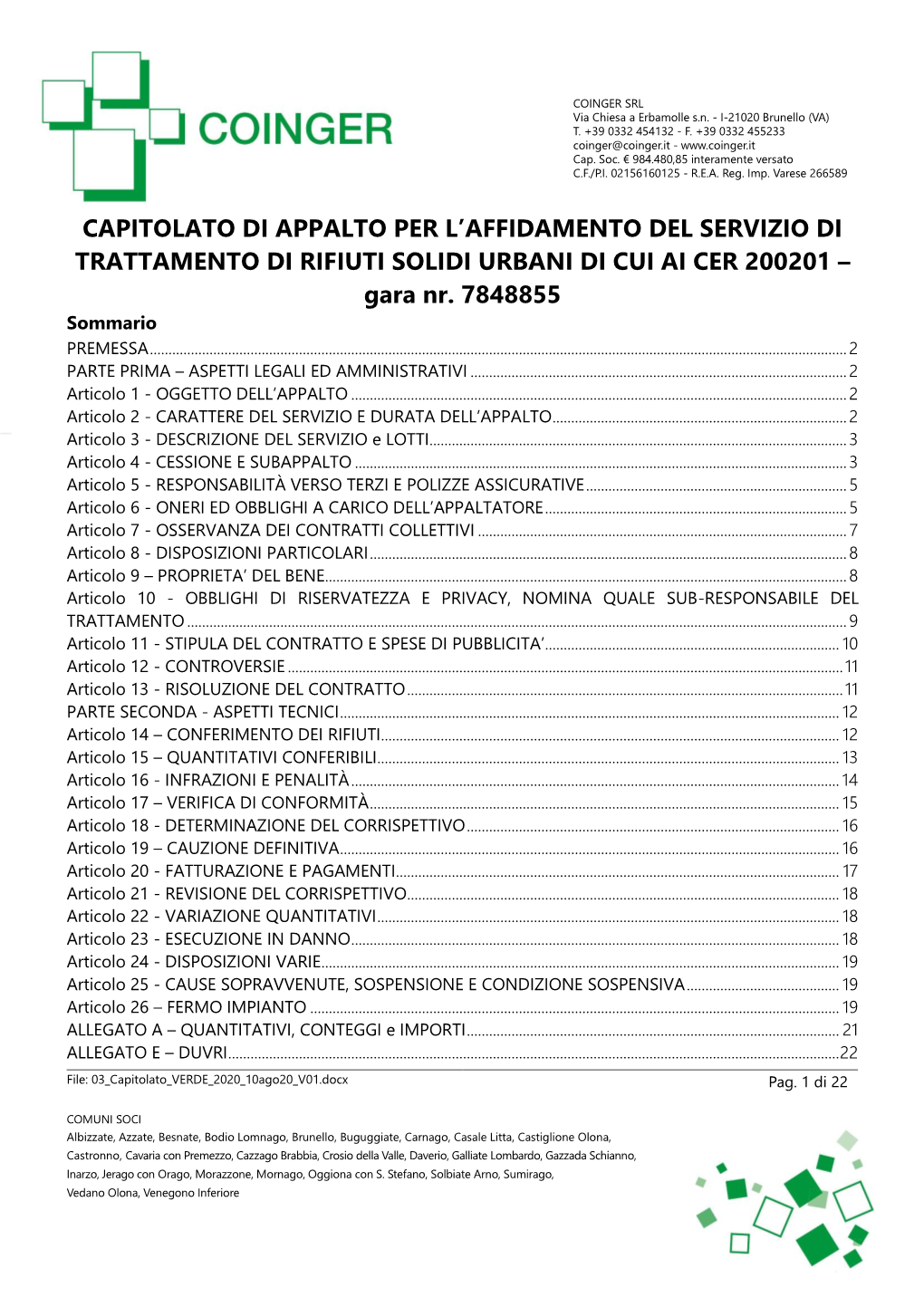 Capitolato Di Appalto Per L'affidamento Del Servizio Di