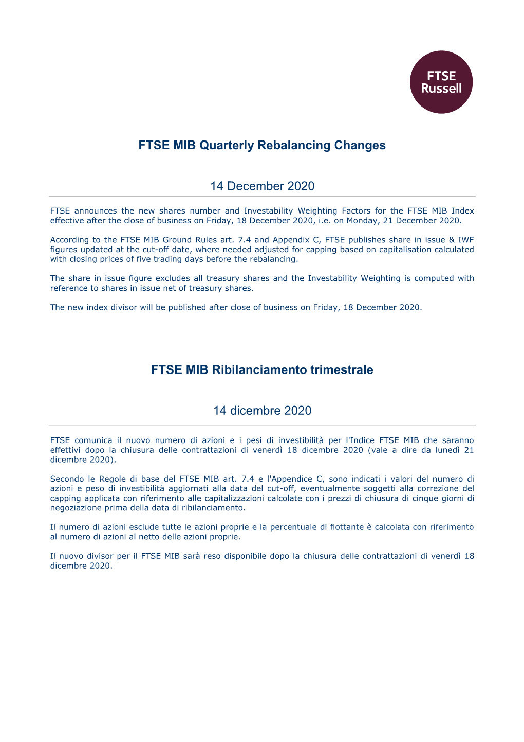 FTSE MIB Quarterly Rebalancing Changes 14 December 2020 FTSE