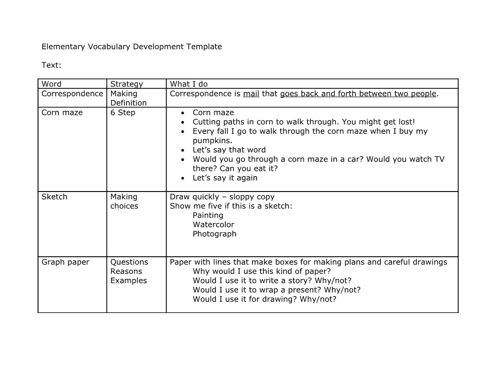 Elementary Vocabulary Development Template