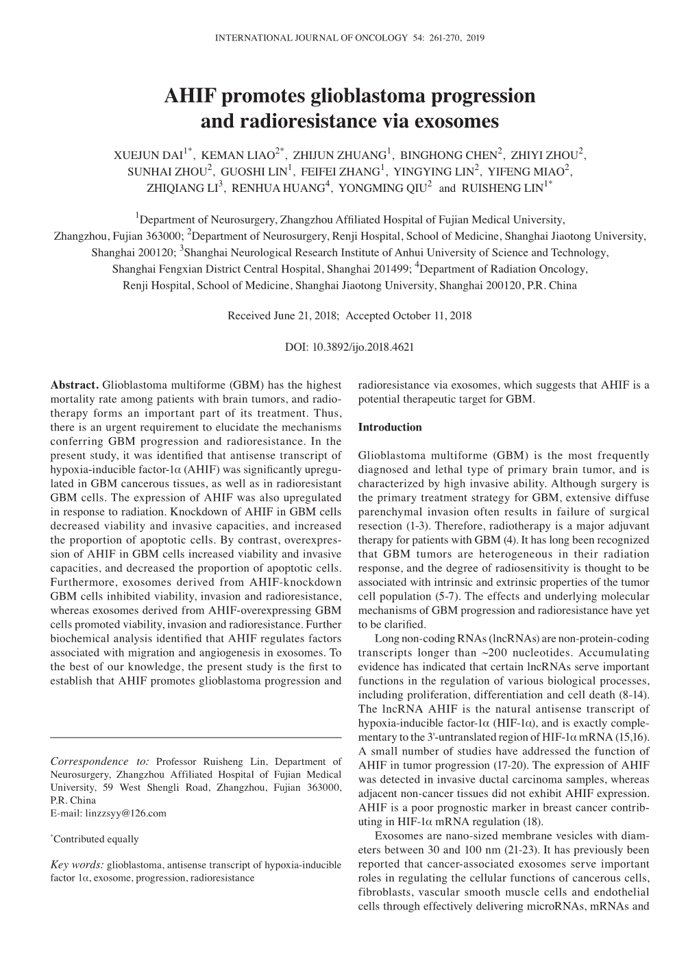 AHIF Promotes Glioblastoma Progression and Radioresistance Via Exosomes