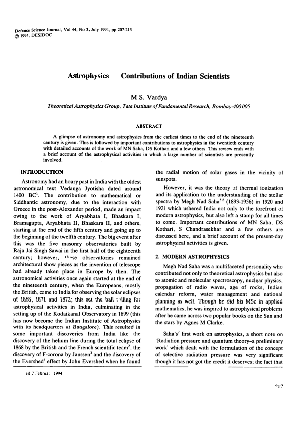 Astrophysics Contributions of Indian Scientists INTRODUCTION