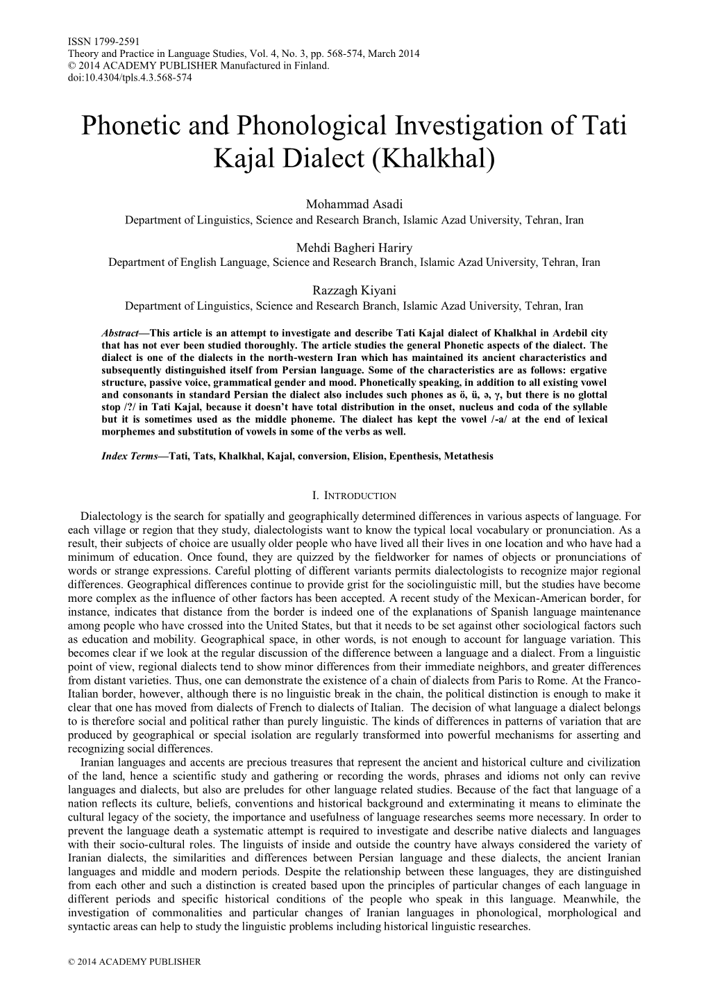 Phonetic and Phonological Investigation of Tati Kajal Dialect (Khalkhal)