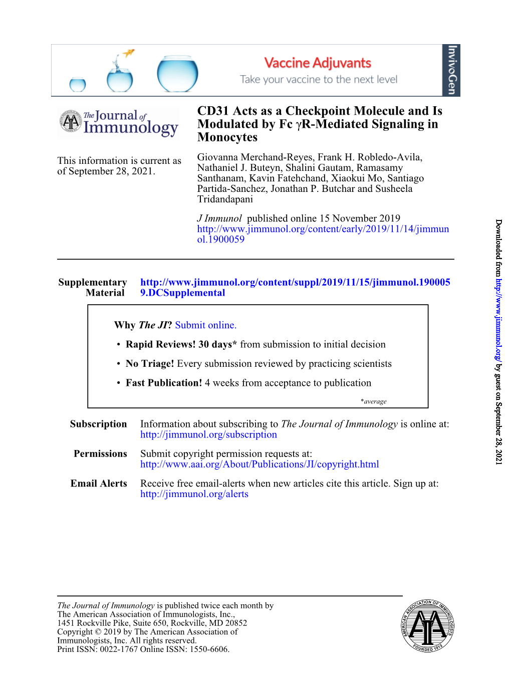 CD31 Acts As a Checkpoint Molecule and Is Modulated by Fcγr-Mediated Signaling in Monocytes