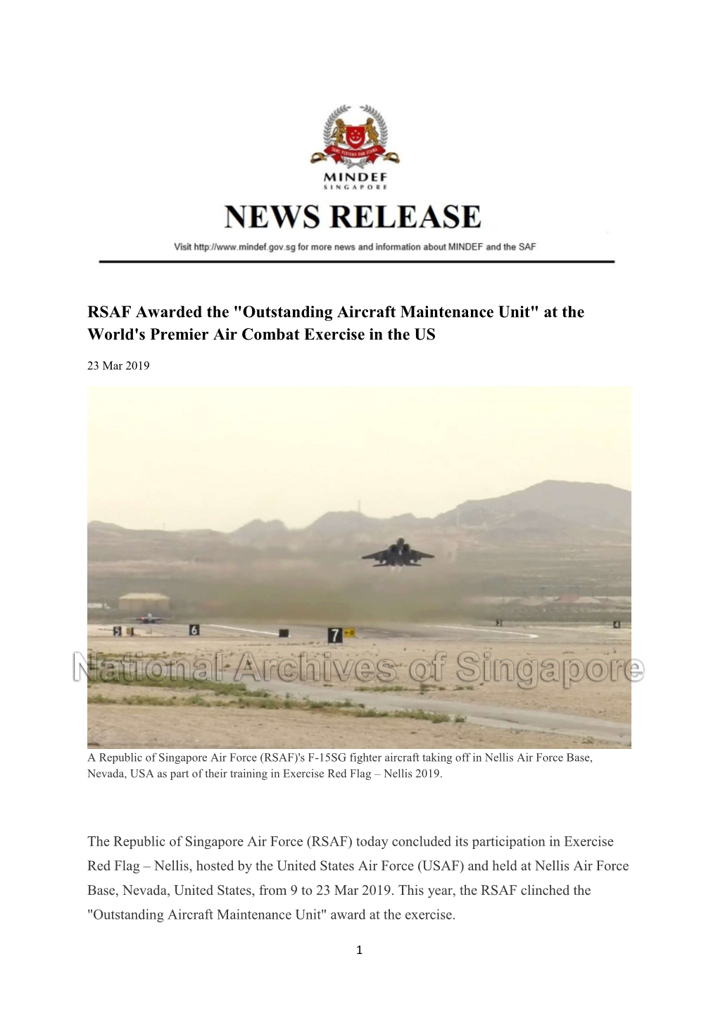RSAF Awarded the "Outstanding Aircraft Maintenance Unit" at the World's Premier Air Combat Exercise in the US
