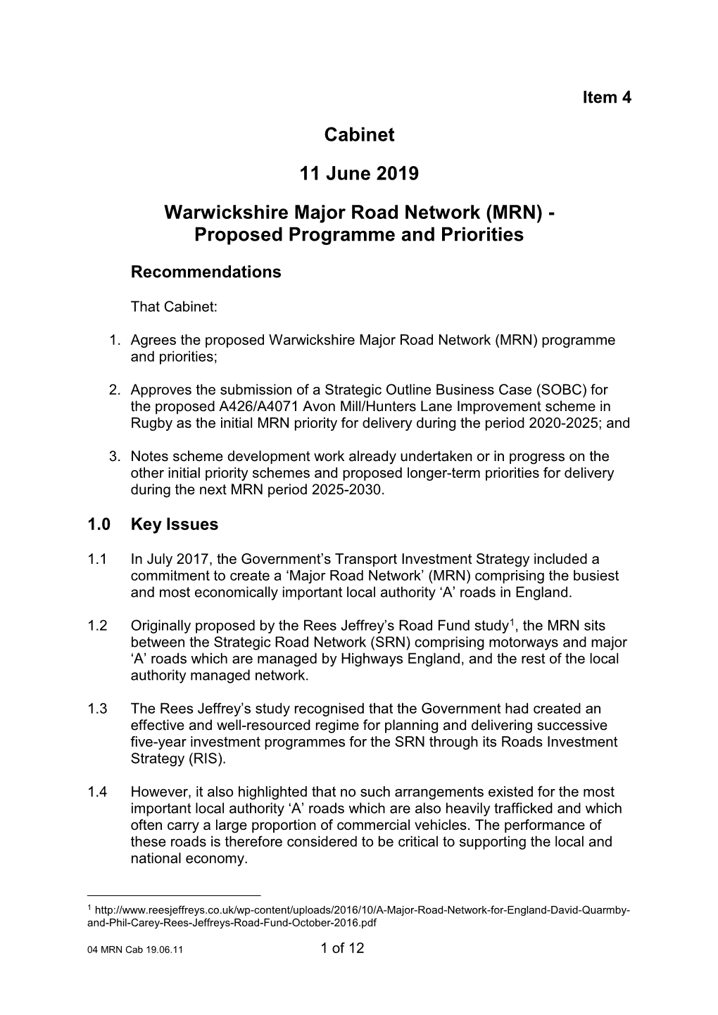 Cabinet 11 June 2019 Warwickshire Major Road Network (MRN)