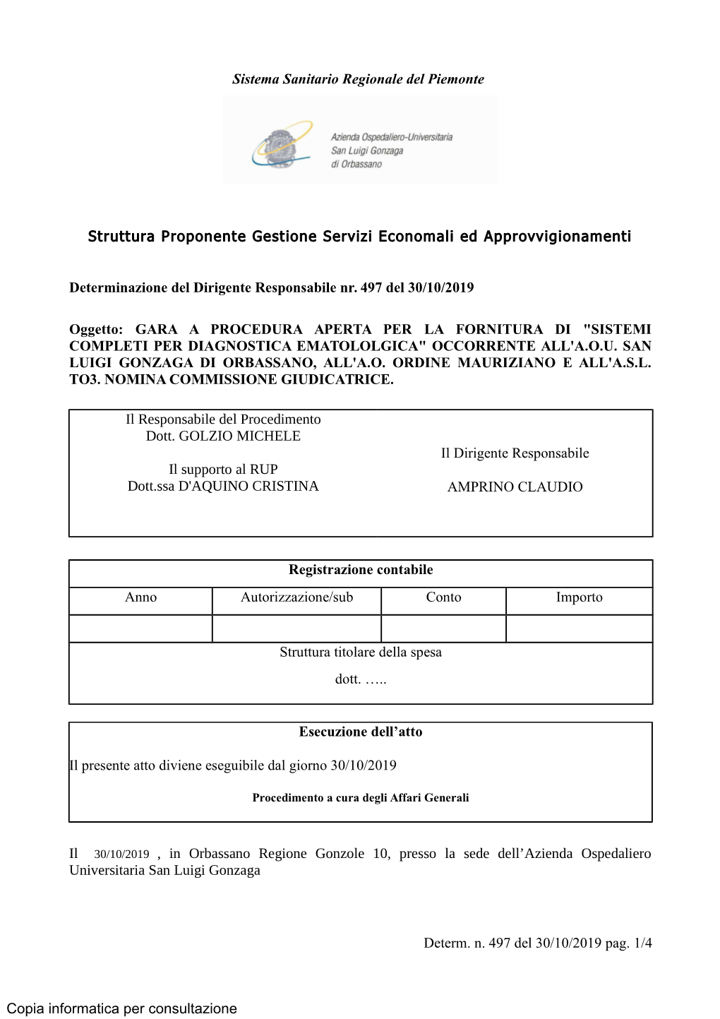 Sistema Sanitario Regionale Del Piemonte Struttura Proponente