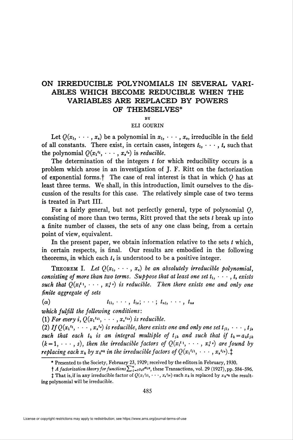 On Irreducible Polynomials in Several Vari- Variables Are