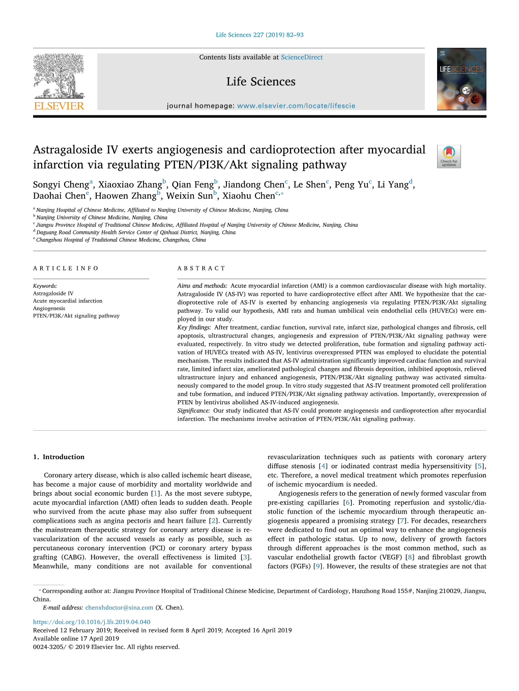 Astragaloside IV Exerts Angiogenesis and Cardioprotection After Myocardial Infarction Via Regulating PTEN/PI3K/Akt Signaling Pathway T