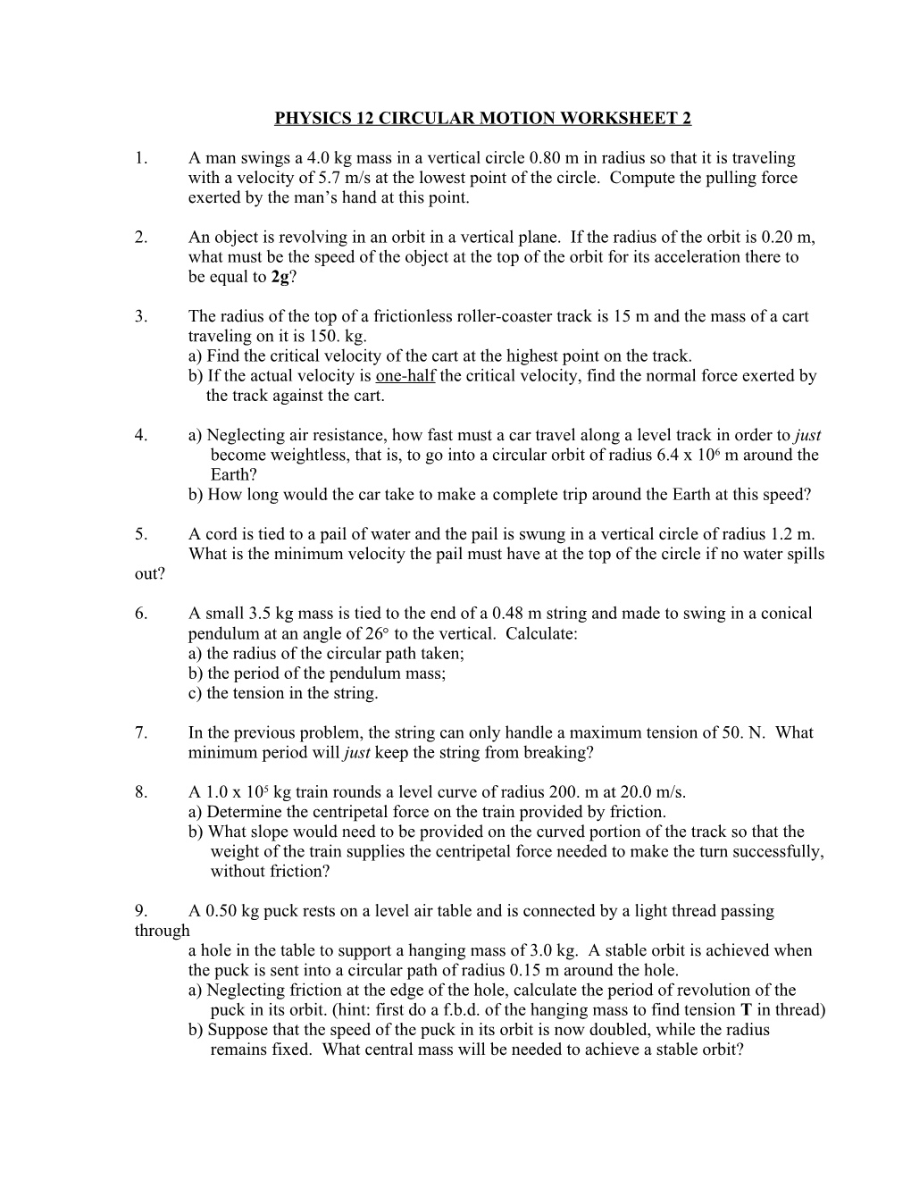 Physics 12 Circular Motion Worksheet 2