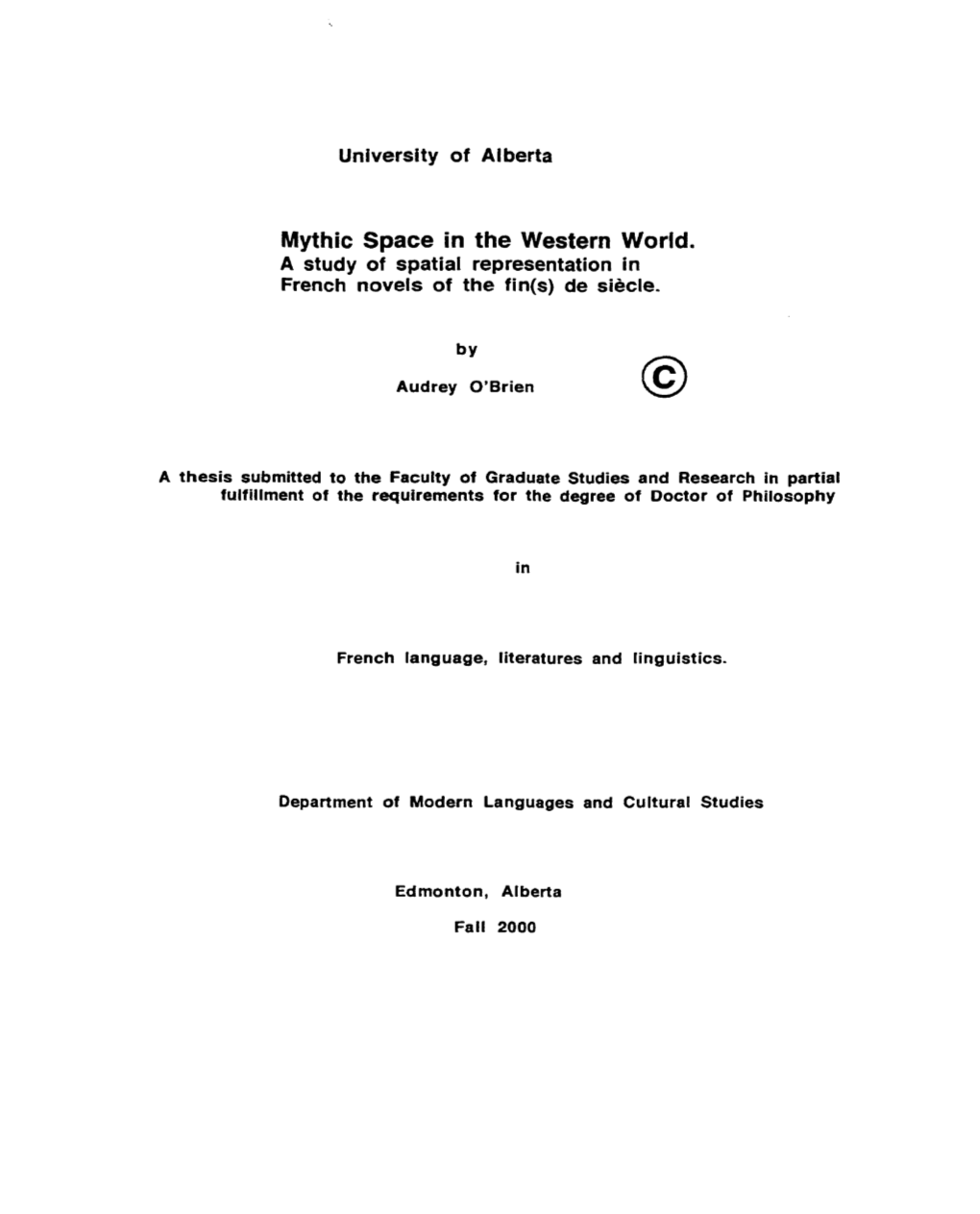 Mythic Space in the Western World. a Study of Spatial Representation in French Novels of the Fin($) De Siècle