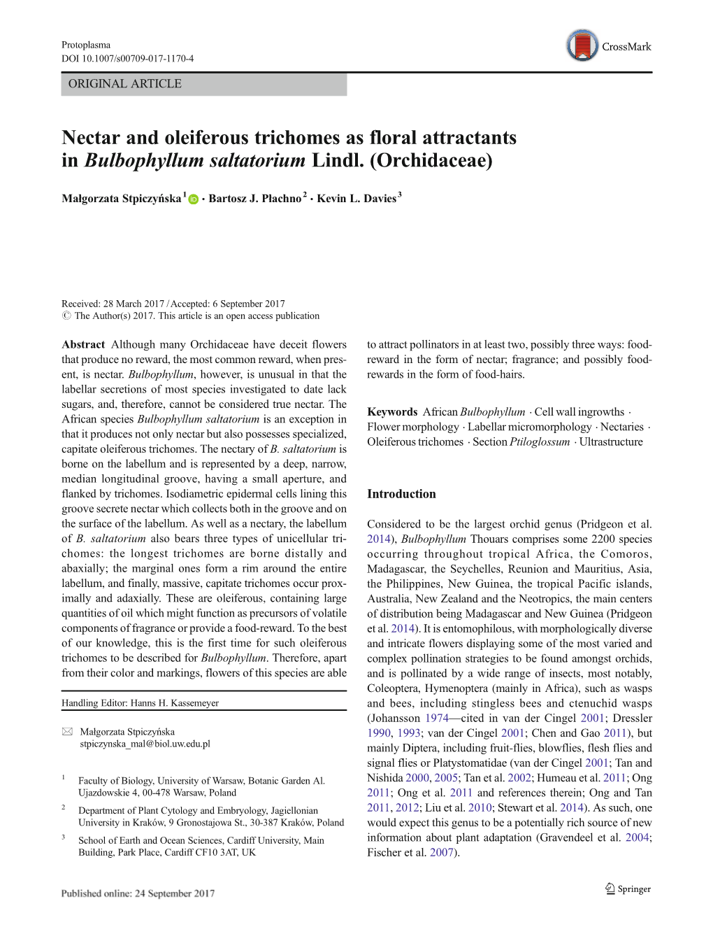 Nectar and Oleiferous Trichomes As Floral Attractants in Bulbophyllum Saltatorium Lindl