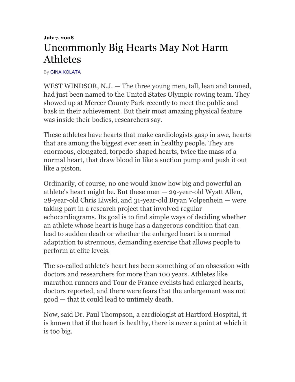 Uncommonly Big Hearts May Not Harm Athletes