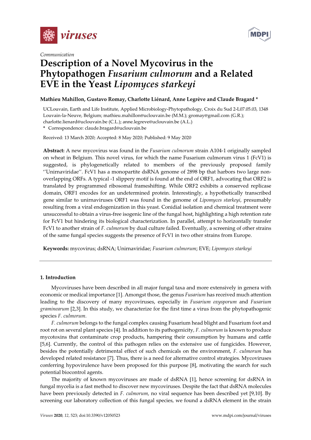 Description of a Novel Mycovirus in the Phytopathogen Fusarium Culmorum and a Related EVE in the Yeast Lipomyces Starkeyi