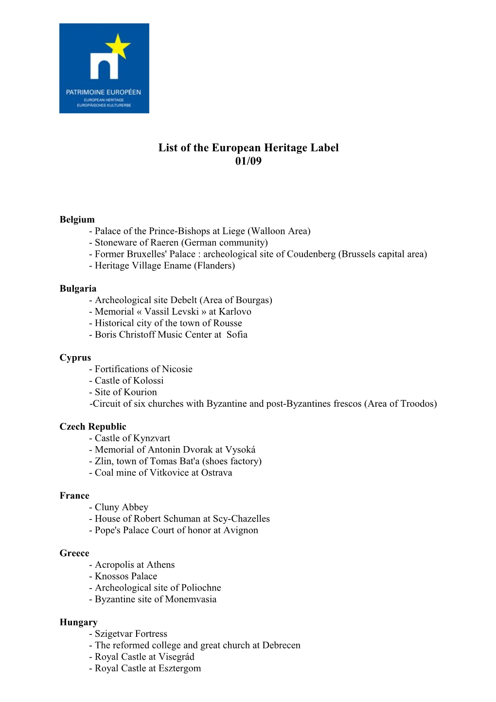 List of the European Heritage Label 01/09