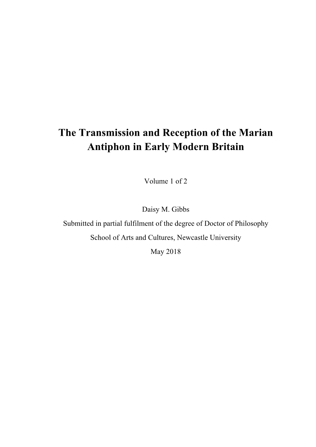 The Transmission and Reception of the Marian Antiphon in Early Modern Britain