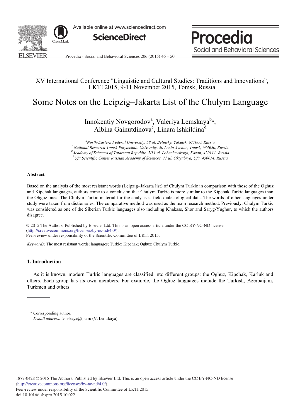 Some Notes on the Leipzig–Jakarta List of the Chulym Language