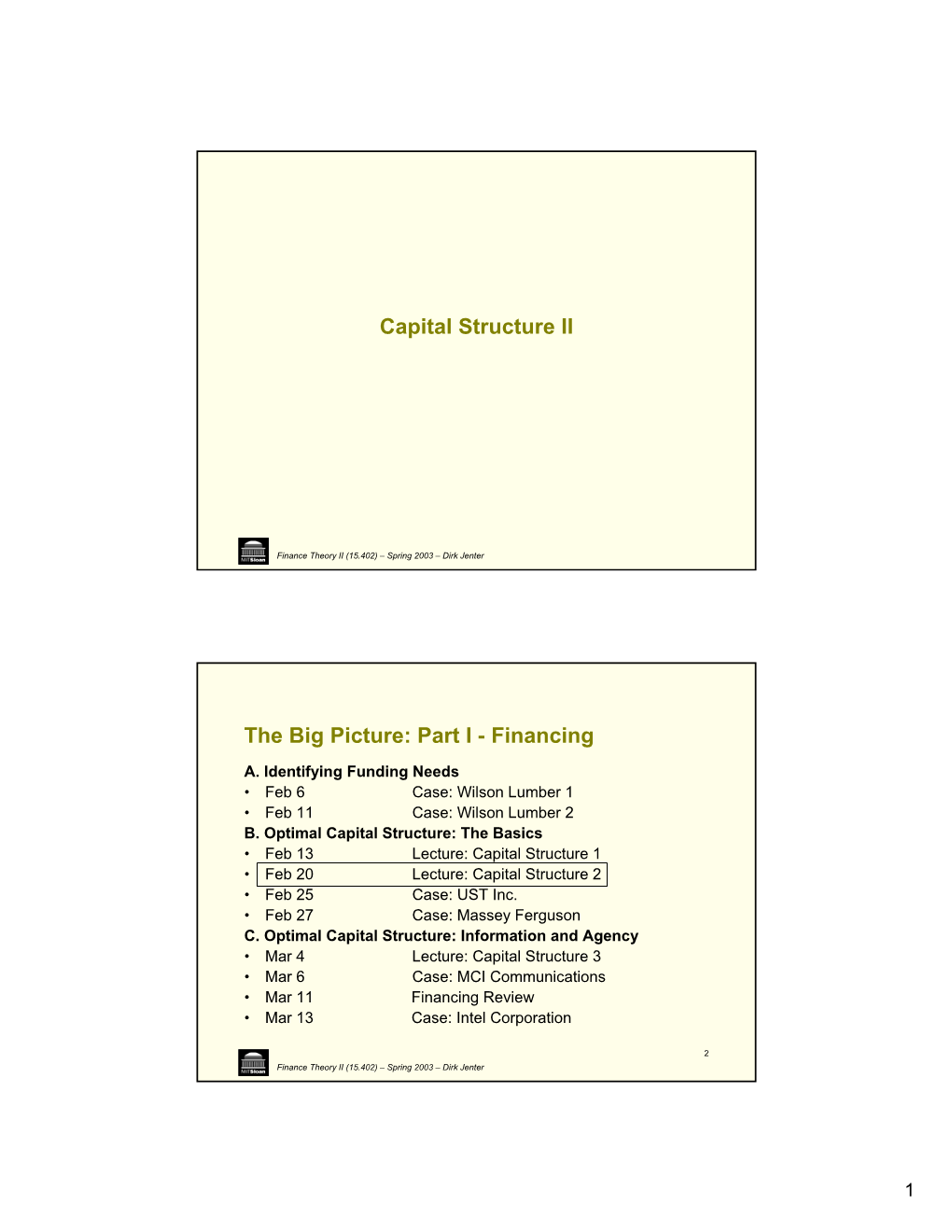 Capital Structure II the Big Picture: Part I