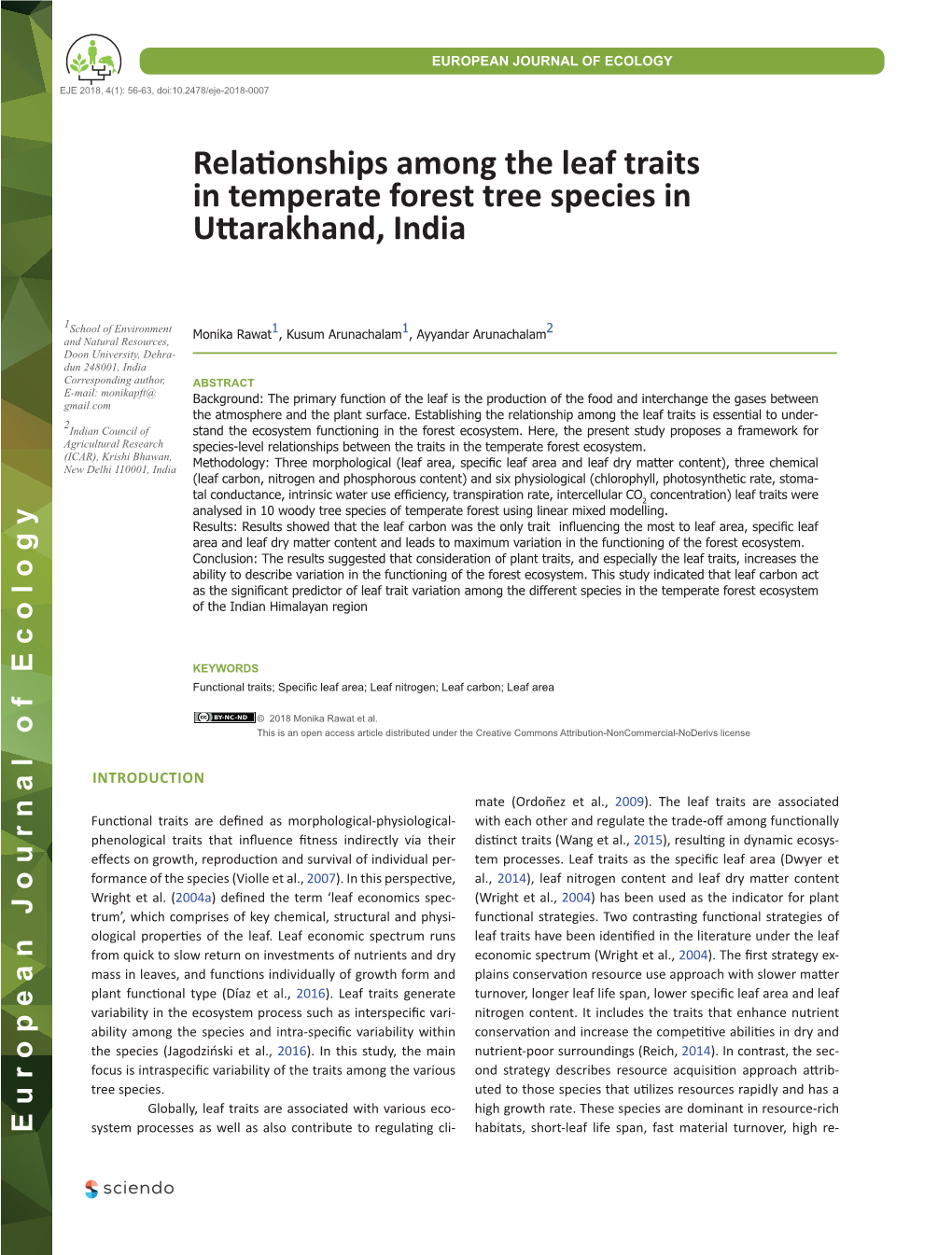 Relationships Among the Leaf Traits in Temperate Forest Tree Species in Uttarakhand, India