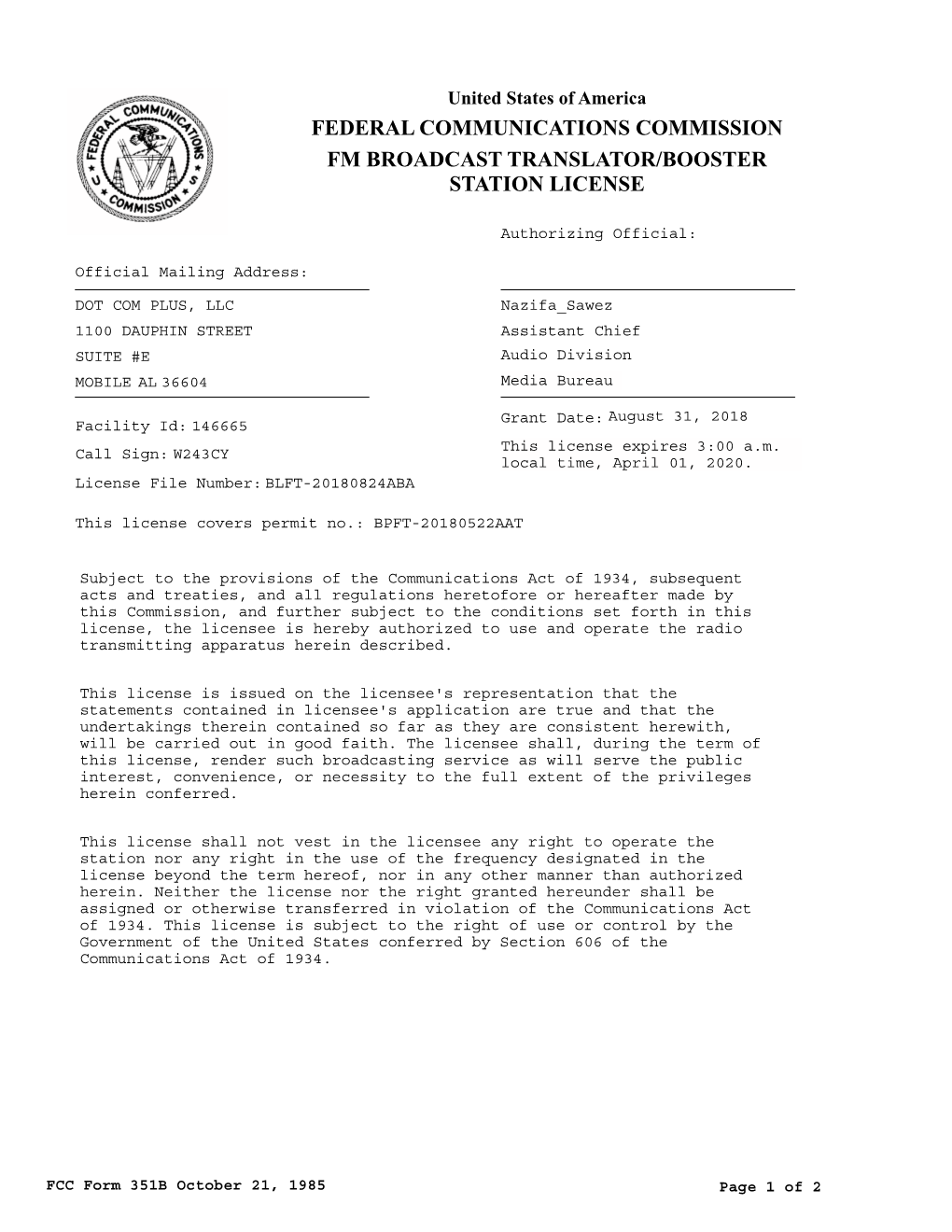 Federal Communications Commission Fm Broadcast Translator/Booster Station License