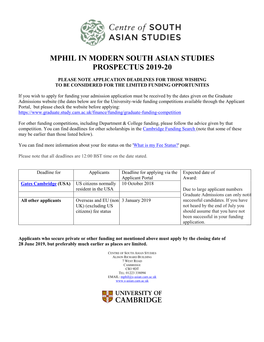 Mphil in Modern South Asian Studies Prospectus 2019-20