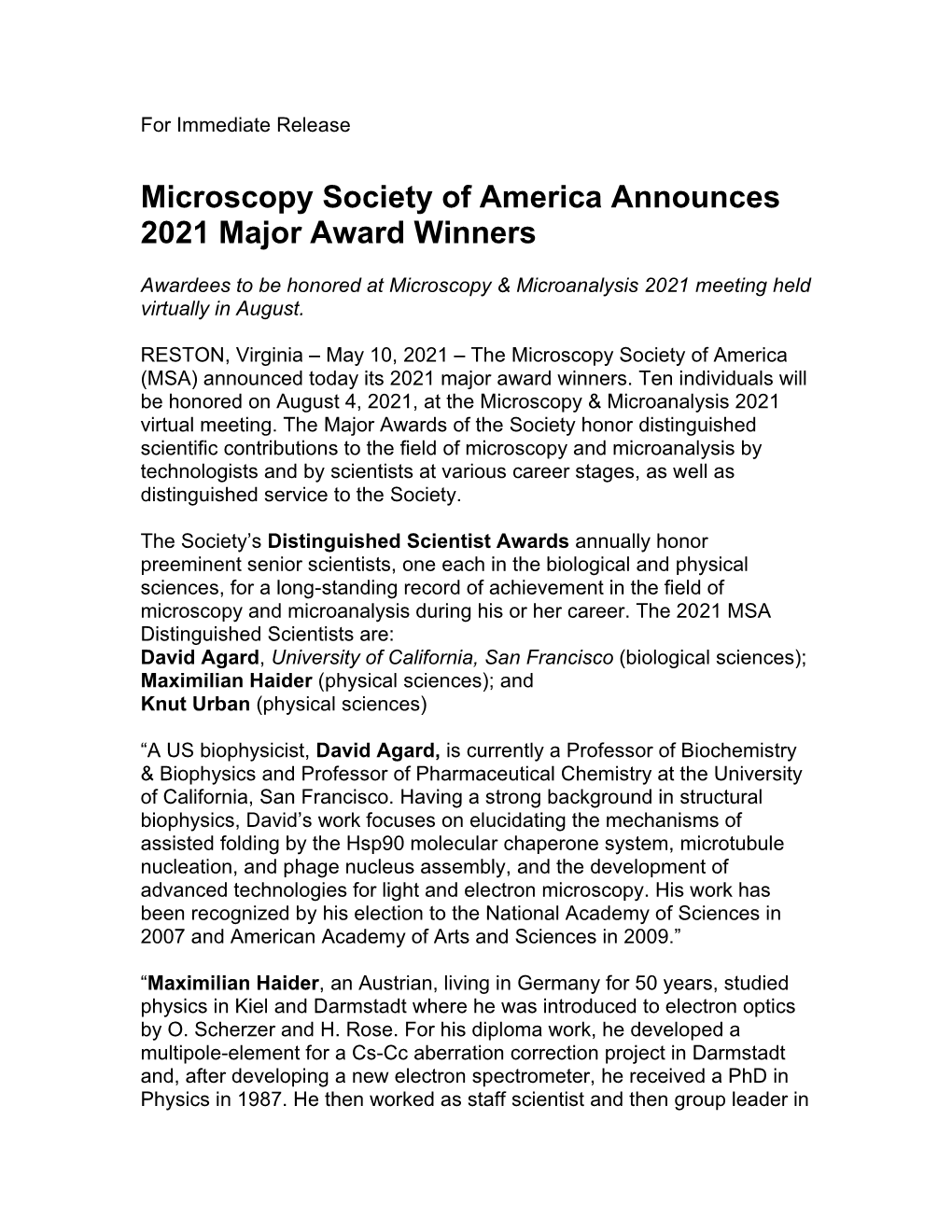 Microscopy Society of America Announces 2021 Major Award Winners