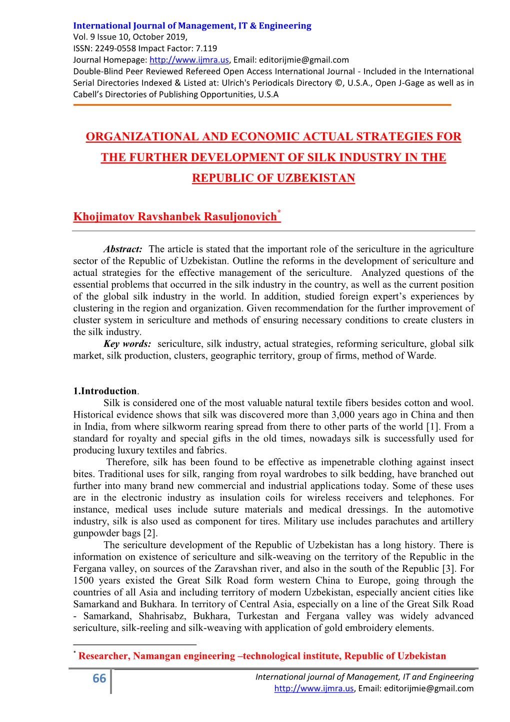 Organizational and Economic Actual Strategies for the Further Development of Silk Industry in the Republic of Uzbekistan