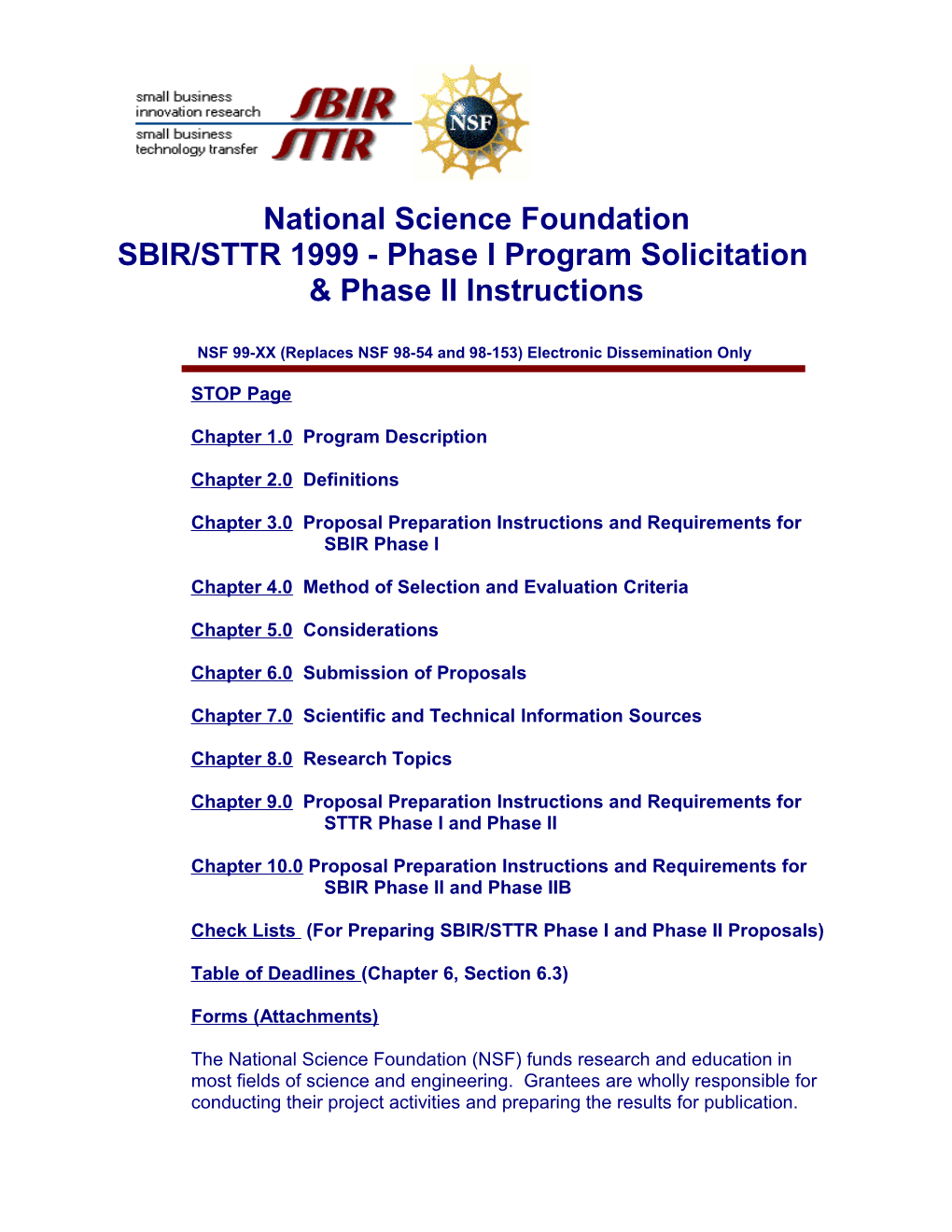 SBIR/STTR 1999 - Phase I Program Solicitation