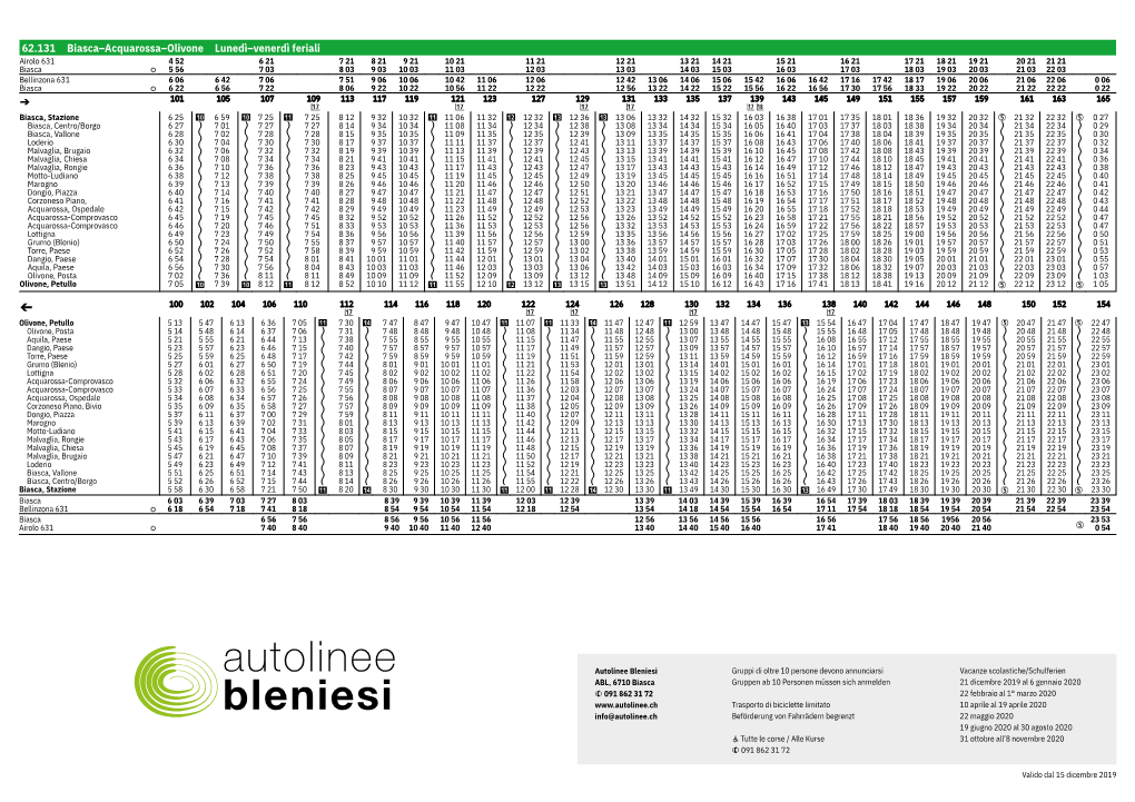 62.131 Biasca–Acquarossa–Olivone Lunedì–Venerdì Feriali Ä 62.131 Ä