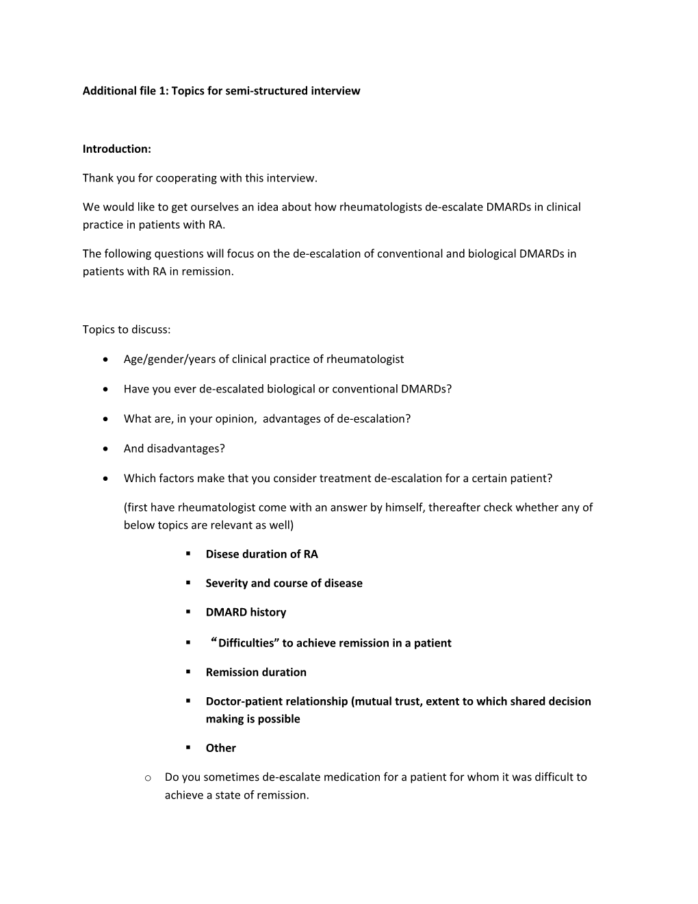 Additional File 1 : Topics for Semi-Structured Interview