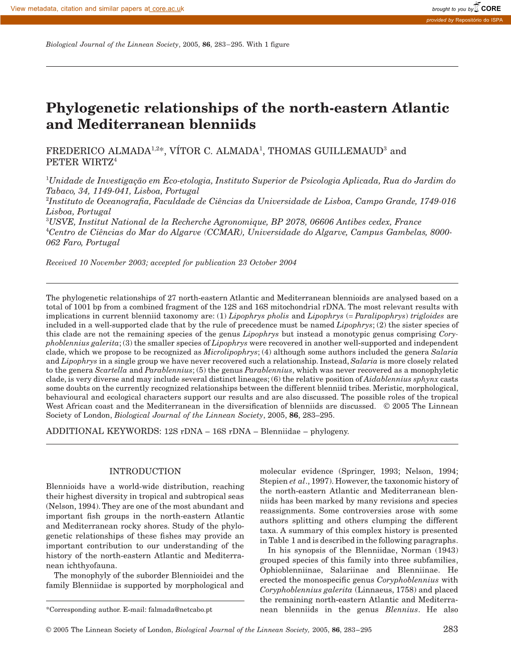 Phylogenetic Relationships of the North-Eastern Atlantic and Mediterranean Blenniids