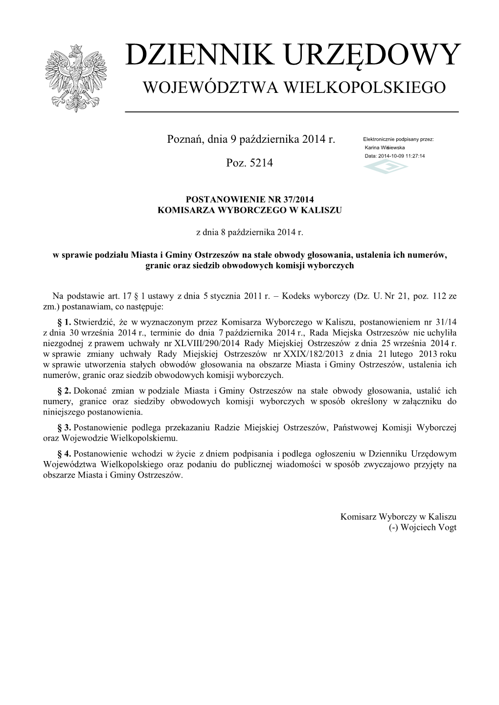 Postanowienie Nr 37/2014 Z Dnia 8 Października 2014 R