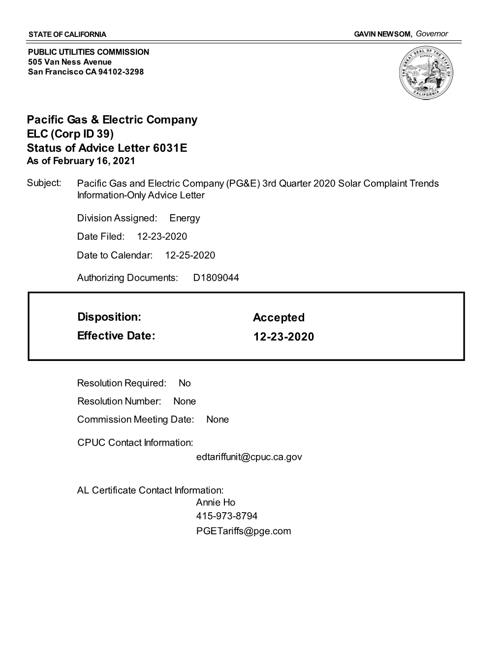 (Corp ID 39) Status of Advice Letter 6031E Disposition