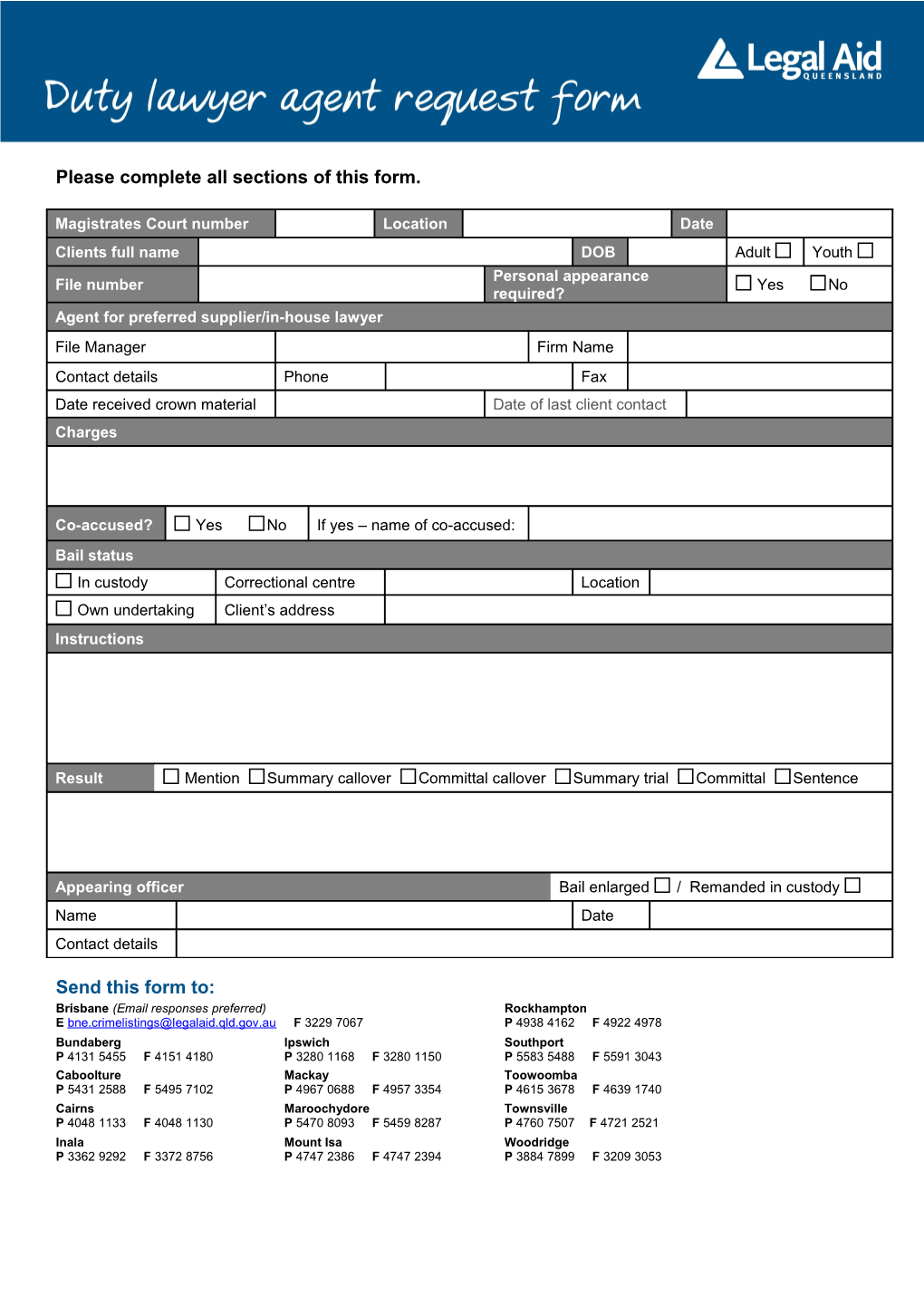 Duty Lawyer Agent Request Form