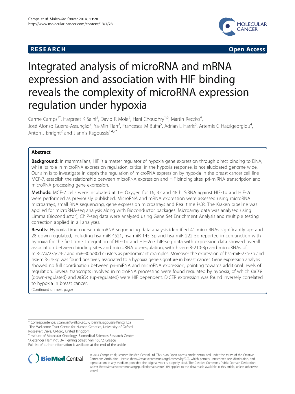 Integrated Analysis of Microrna and Mrna Expression and Association with HIF Binding Reveals the Complexity of Microrna Expressi