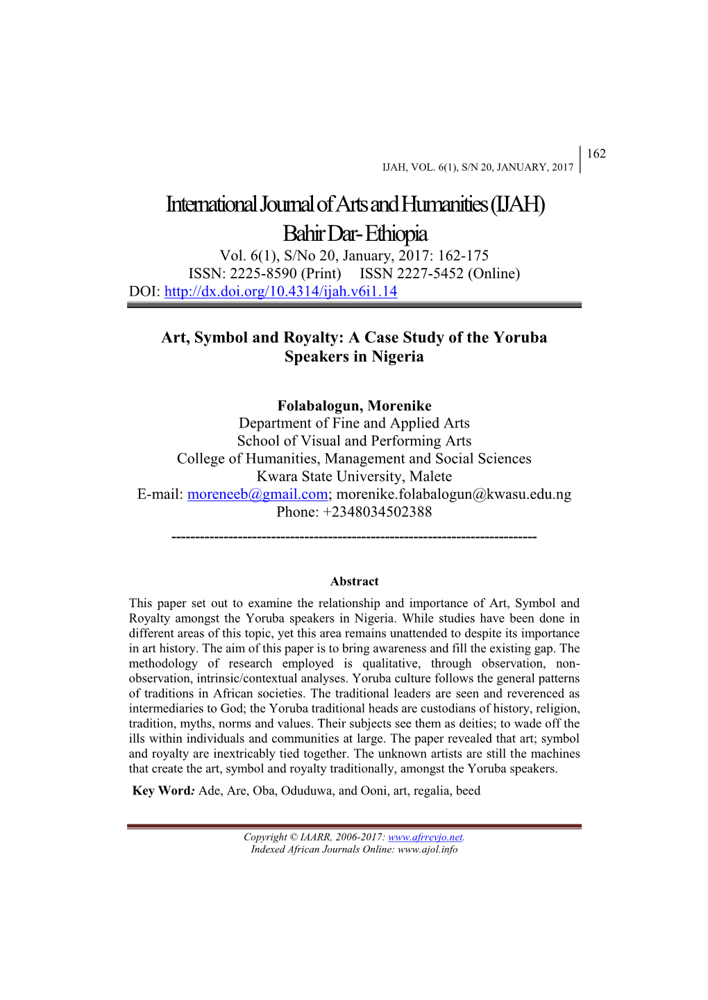 International Journal of Arts and Humanities(IJAH)