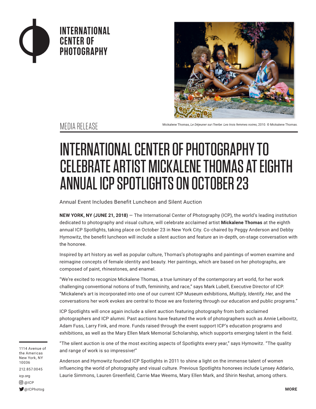 International Center of Photography to Celebrate Artist Mickalene Thomas at Eighth Annual Icp Spotlights on October 23