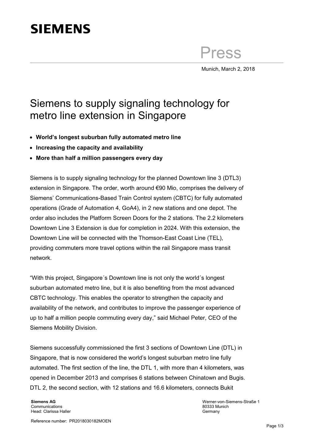 Siemens to Supply Signaling Technology for Metro Line Extension in Singapore