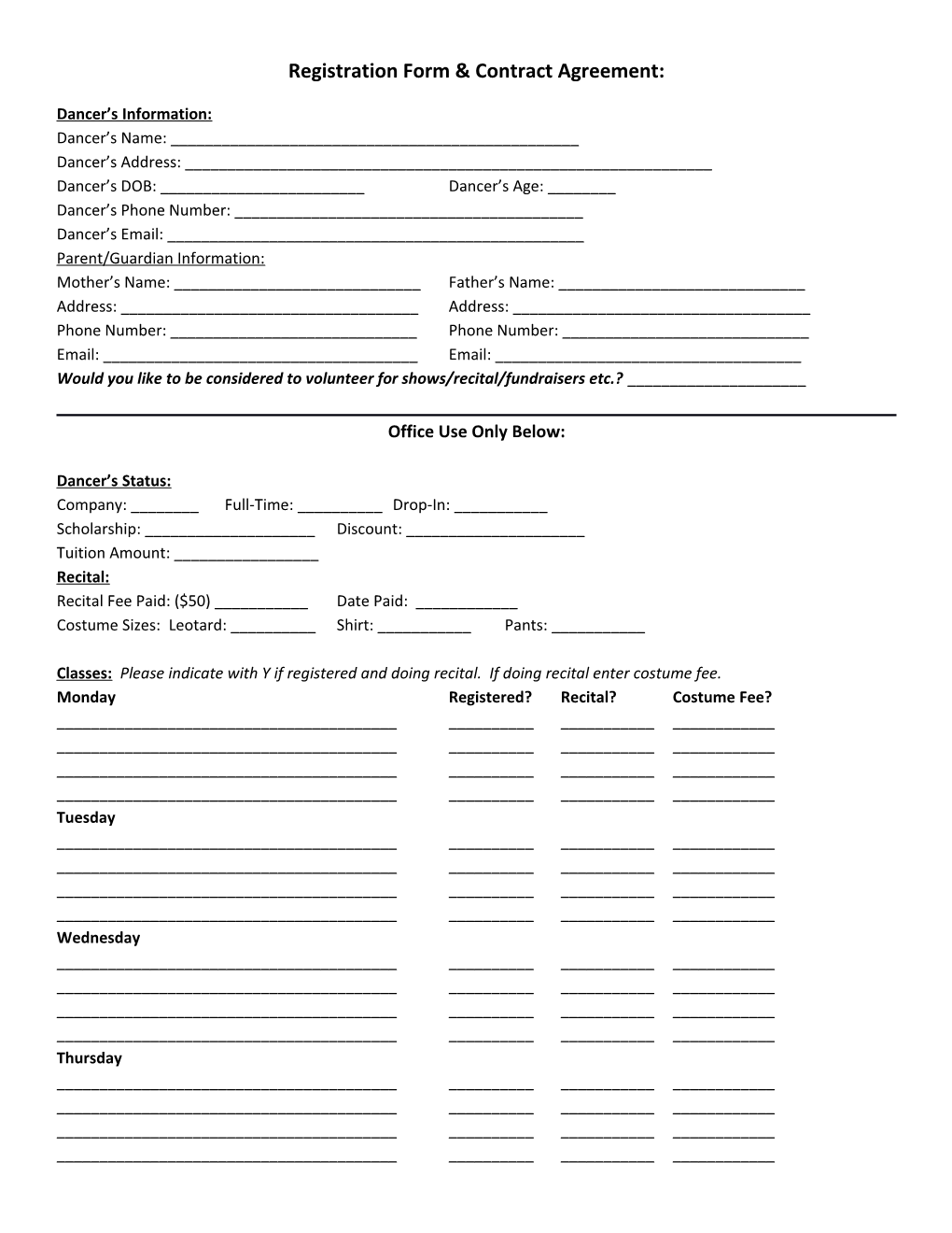 Registration Form & Contract Agreement