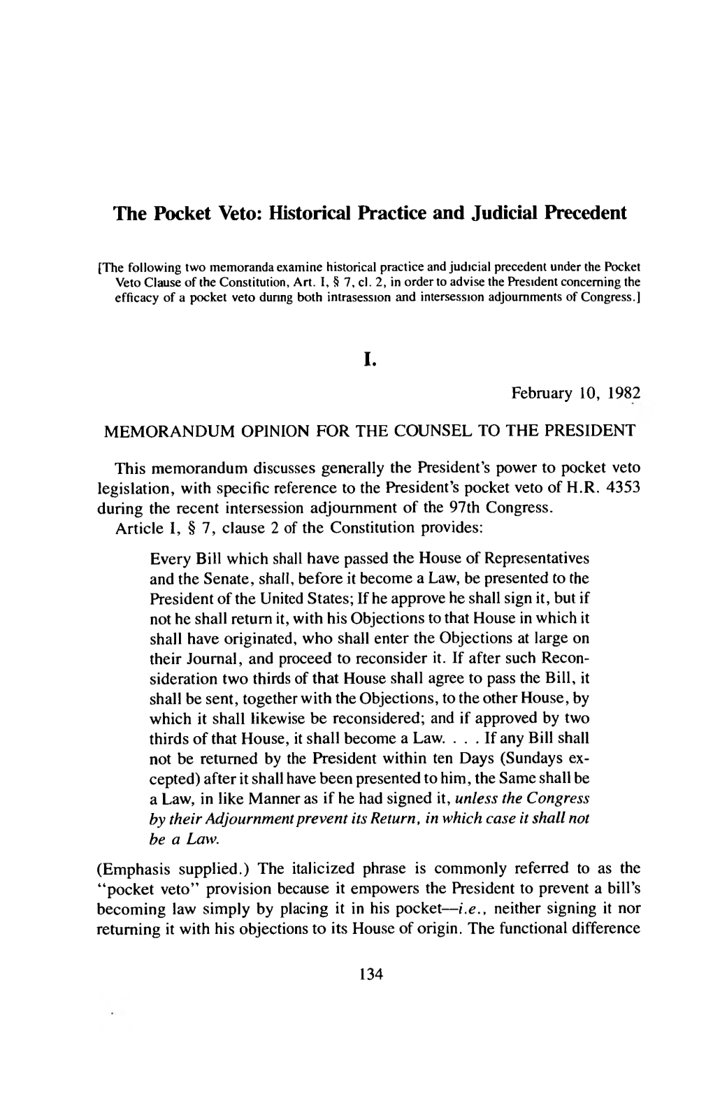 The Pocket Veto: Historical Practice and Judicial Precedent