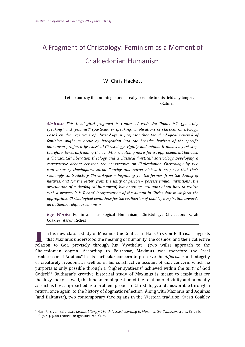A Fragment of Christology: Feminism As a Moment of Chalcedonian Humanism