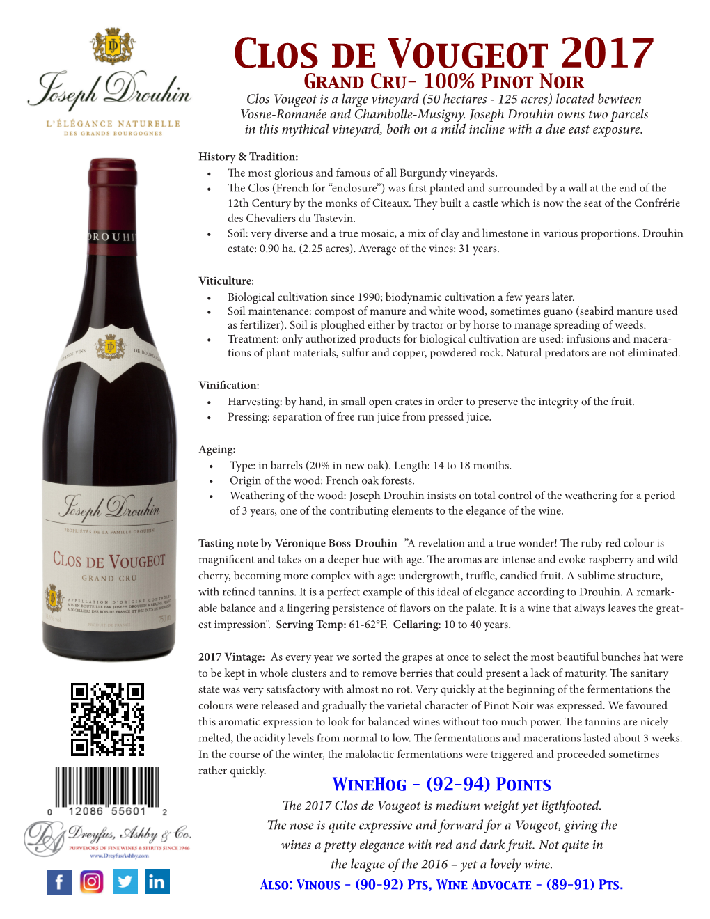 Clos De Vougeot 2017 Grand Cru- 100% Pinot Noir Clos Vougeot Is a Large Vineyard (50 Hectares - 125 Acres) Located Bewteen Vosne-Romanée and Chambolle-Musigny