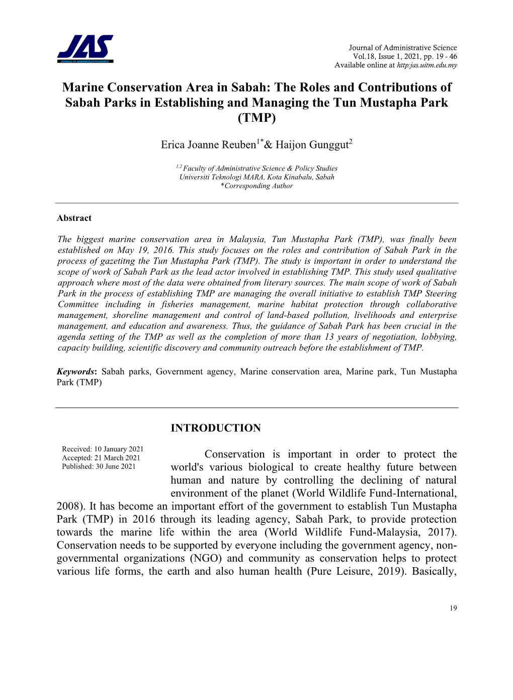 The Roles and Contributions of Sabah Parks in Establishing and Managing the Tun Mustapha Park (TMP)