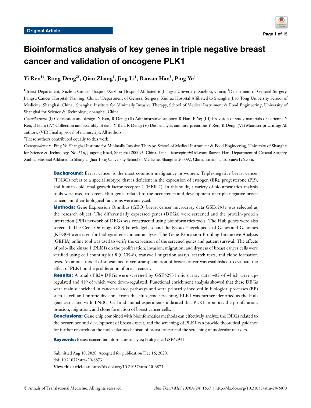 Bioinformatics Analysis of Key Genes in Triple Negative Breast Cancer and Validation of Oncogene PLK1